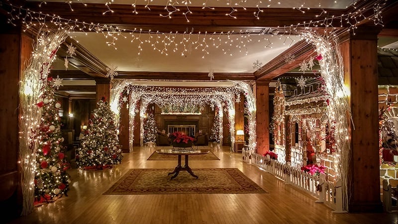 Inside decorated in Christmas lights and holiday decorations