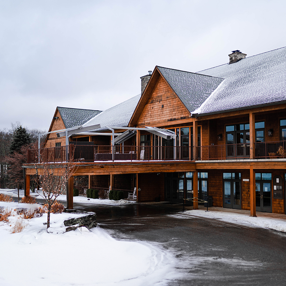 Skytop Lodge exterior covered in snow